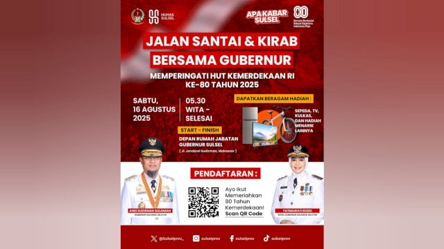 Pemerintah Provinsi Sulawesi Selatan menggelar kegiatan &ldquo;Jalan Santai dan Kirab Bersama Gubernur&rdquo;.