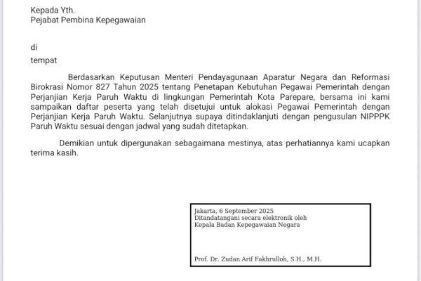 Pemkot Parepare Terima 1020 Alokasi PPPK Paruh Waktu Tahun 2025