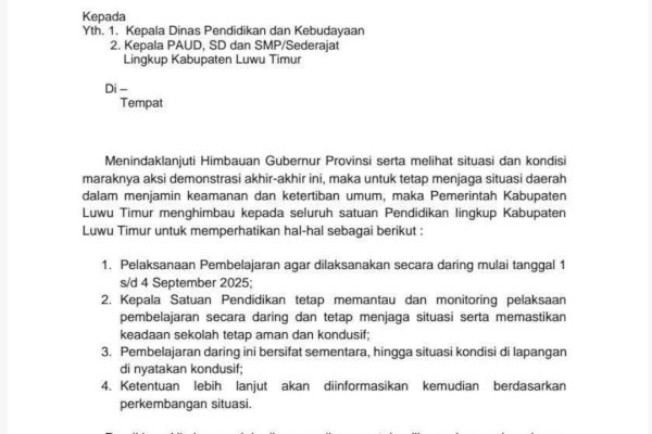 Pengumuman! Sekolah di Luwu Timur Laksanakan Pembelajaran Daring