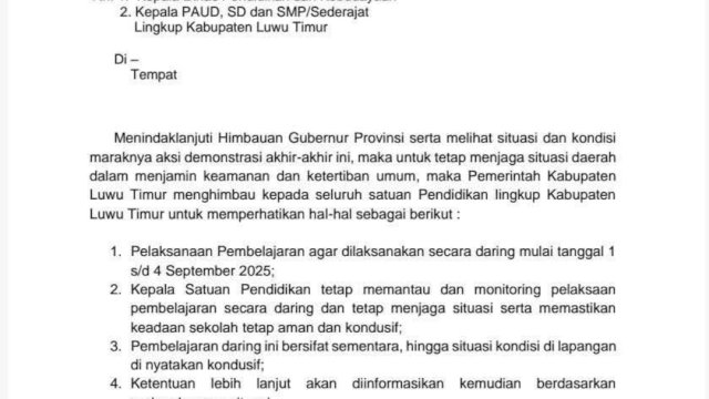 Pengumuman! Sekolah di Luwu Timur Laksanakan Pembelajaran Daring