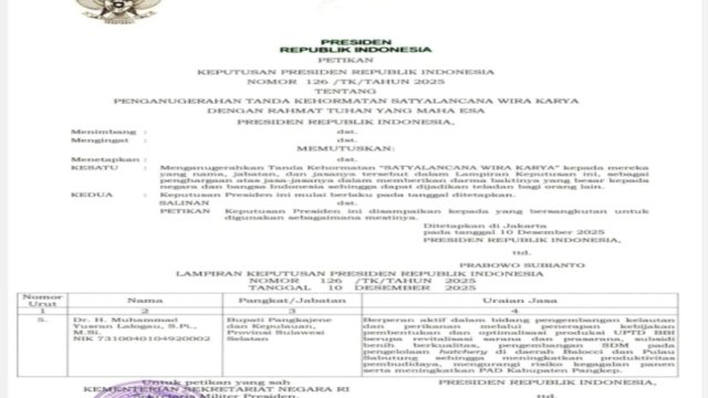 Bupati Pangkep Yusran Lalogau Terima Satyalancana Wira Karya dari Presiden Prabowo