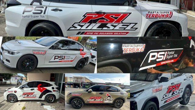 Branding Mobil dengan atribut PSI Sulsel.