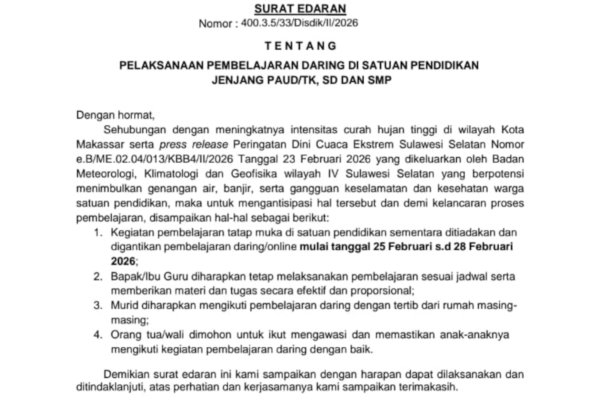 Cuaca Ekstrem, Disdik Makassar Terbitkan SE Sekolah PAUD hingga SMP Belajar Daring