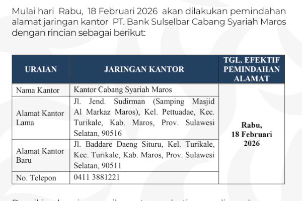 Mulai 18 Februari 2026, Bank Sulselbar Syariah Cabang Maros Resmi Pindah Alamat