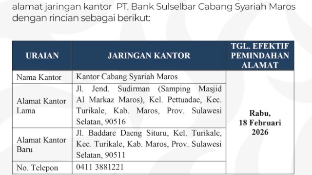 Mulai 18 Februari 2026, Bank Sulselbar Syariah Cabang Maros Resmi Pindah Alamat