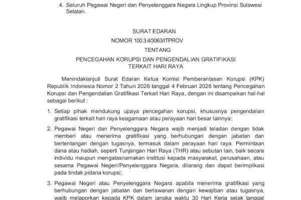 Gubernur Sulsel Keluarkan Edaran Pencegahan Gratifikasi Terkait Hari Raya bagi ASN