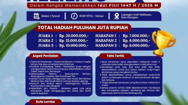 Pemkot Parepare Gelar Lomba Takbiran Keliling, Hadiah Capai Rp20 Juta