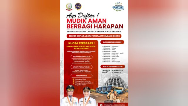 Ayo Buruan Daftar! Pemprov Sulsel Siapkan Mudik Gratis, Warga Diajak Pulang Kampung dengan Aman dan Nyaman