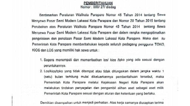 Pemkot Parepare Ancam Segel Kios Tak Aktif di Pasar Lakessi