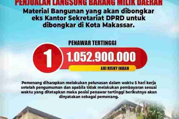 BPKAD Umumkan Pemenang Lelang Material Bangunan Kantor DPRD Makassar, Ari Risky Indah Raih Penawaran Tertinggi