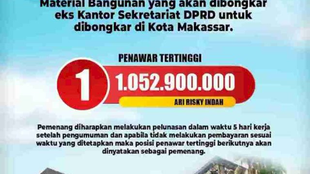 BPKAD Umumkan Pemenang Lelang Material Bangunan Kantor DPRD Makassar, Ari Risky Indah Raih Penawaran Tertinggi