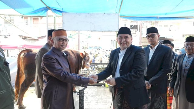 Wali Kota Makassar, Munafri Arifuddin didampingi Ketua TP PKK Makassar, Melinda Aksa, menyaksikan langsung prosesi pemotongan hewan kurban bantuan Presiden Republik Indonesia, Prabowo Subianto, di Masjid At-Taqwa.