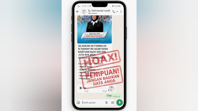 Modus penipuan digital yang mencatut nama Wakil Gubernur Sulsel, Fatmawati Rusdi, melalui aplikasi WhatsApp.
