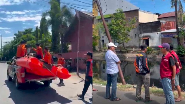BPBD Makassar melakukan pembersihan kotoran yang mengapung di Kanal Kandea, Kecamatan Tallo.