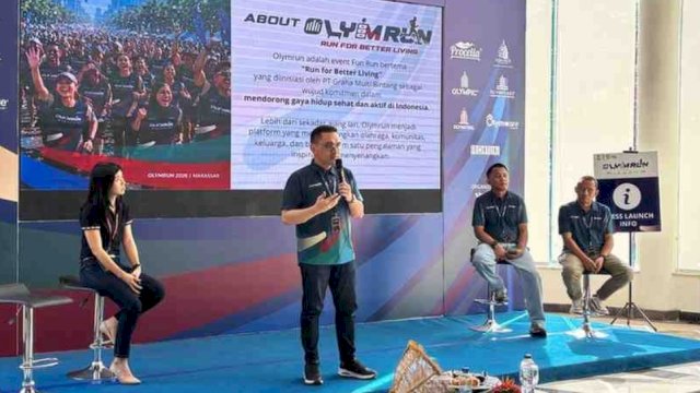 Press Launch OlymRun 2026, di Lobby Hotel Arya Duta Makassar.