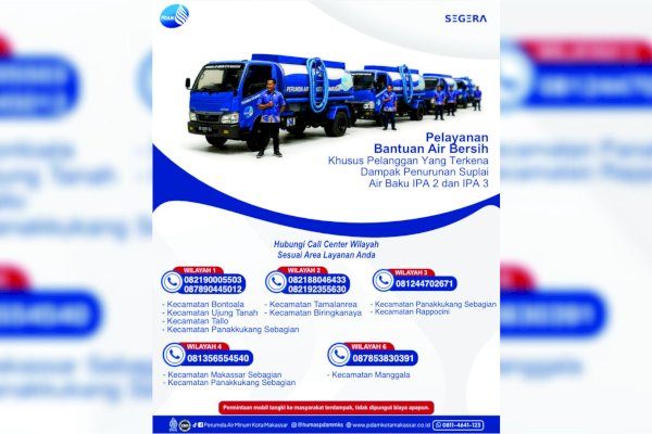 Perumda Air Minum Makassar Siagakan Mobil Tangki Gratis untuk Layani Pelanggan Terdampak Penurunan Suplai Air Baku