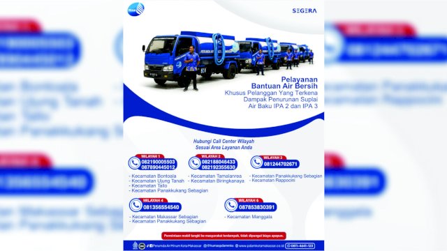 Perumda Air Minum Makassar Siagakan Mobil Tangki Gratis untuk Layani Pelanggan Terdampak Penurunan Suplai Air Baku