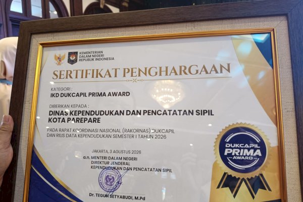 Parepare Raih Penghargaan IKD Disdukcapil Prima Award 2026, Satu-satunya Di Kawasan Indonesia Timur