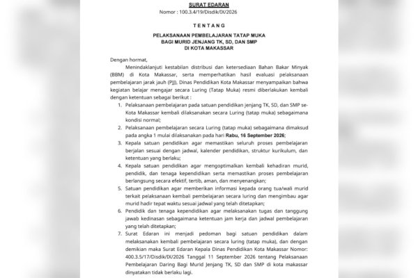 Disdik Makassar Cabut PJJ, Siswa TK-SMP Kembali Sekolah Tatap Muka Mulai Tanggal 16 Besok