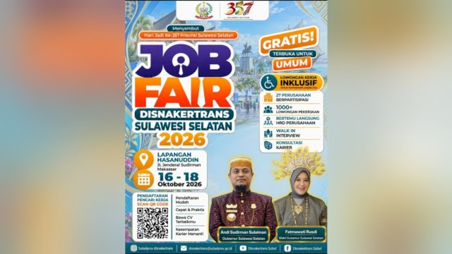 Disnakertrans Sulsel akan menggelar Job Fair (Bursa Kerja) pada 16&ndash;18 Oktober 2026.