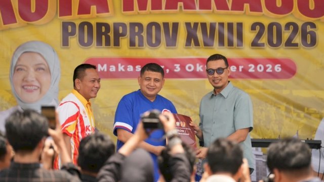 Wali Kota Makassar, Munafri Arifuddin, saat melaunching kontingen Kota Makassar yang akan berlaga pada Pekan Olahraga Provinsi (Porprov) Sulawesi Selatan XVIII 2026.