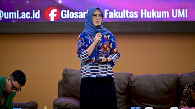 Ketua DPRD Sulawesi Selatan, Andi Rachmatika Dewi atau Cicu, saat menjadi pemateri dalam Kuliah Umum dan Seminar Kepemimpinan Fakultas Hukum UMI di Auditorium Al Jibra UMI, Makassar.