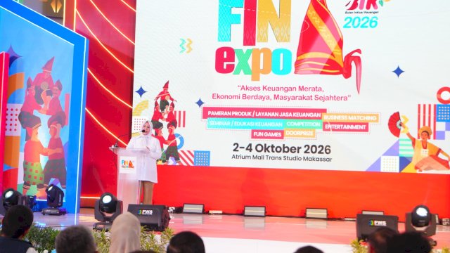 Wakil Gubernur Sulawesi Selatan, Fatmawati Rusdi, saat menghadiri dan membuka secara resmi gelaran Financial Expo (FIN Expo) Bulan Inklusi Keuangan (BIK) 2026.